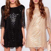 Sexy Backless Half Sleeve Sequin Spliced Hollow Out Dress