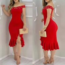 Sexy Beaded Boat Neck Irregular Ruffle Hem Slim Fit Party Dress