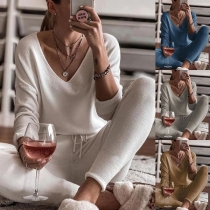 Fashion Solid Color Long Sleeve V-neck T-shirt + Pants Two-piece Set