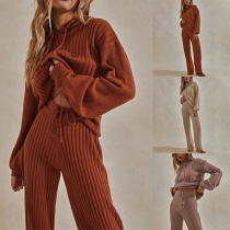 Fashion Solid Color Long Sleeve Hooded Knit Top + Pants Two-piece Set