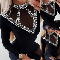 Sexy Rhinestone Gauze Spliced Long Sleeve Mock Neck Slim Fit Top
