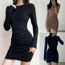Fashion Solid Color Long Sleeve Round Neck Slim Fit Wrinkled Dress