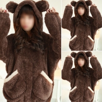 Cute Style Long Sleeve Hooded Plush Nightwear Set