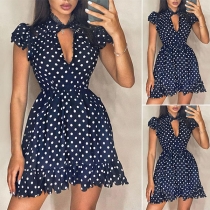Fashion Short Sleeve Ruffle Hem Dots Printed Dress