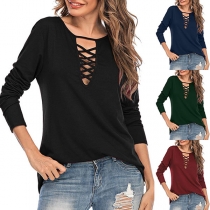 Fashion Solid Color Long Sleeve Hollow Out V-neck T-shirt