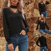 Fashion Solid Color Lace Spliced V-neck Long Sleeve Halter T-shirt