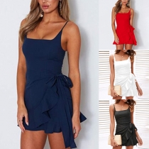 Sexy Backless Ruffle Hem Solid Color Slim Fit Sling Dress
