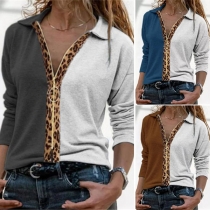 Fashion Leopard Spliced Long Sleeve POLO Collar Contrast Color T-shirt