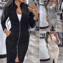 Fashion Solid Color Long Sleeve Stand Collar Slit Hem Slim Fit Dress