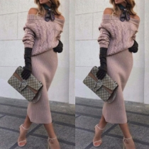Sexy Off-shoulder Boat Neck Long Sleeve Solid Color Sweater Dress