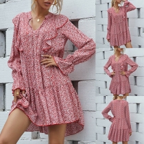 Sweet Style Long Sleeve V-neck Ruffle Printed Dress