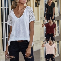 Fashion Lace Spliced Short Sleeve V-neck Solid Color T-shirt