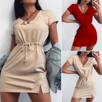 Fashion Solid Color Short Sleeve V-neck Drawstring Waist Dress