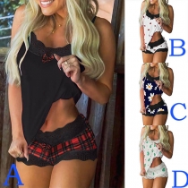 Sexig spets Skarvad Sing Top + Shorts Printed Nightwear Set