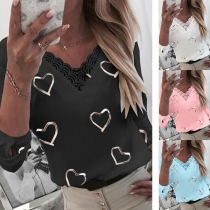 Fashion Lace Spliced V-neck Long Sleeve Heart Printed T-shirt