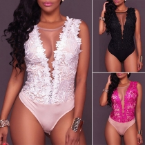 Sexy Lace Spliced Sleeveless Round Neck Bodysuit