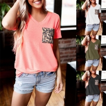Fashion Leopard Spliced Short Sleeve V-neck T-shirt
