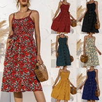 Sexy Backless Front-button High Waist Printed Sling Dress