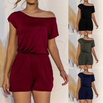 Fashion Solid Color Short Sleeve Round Neck High Waist Romper