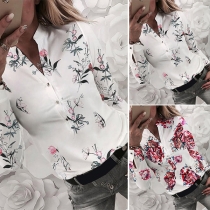 Fashion Long Sleeve V-neck Printed Blouse