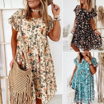Fresh Style Short Sleeve Round Neck Loose Printed Dress