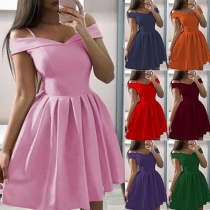 Sexy Off-shoulder Boat Neck Solid Color High Waist Dress