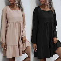 Sexy Lace-up Backless Long Sleeve Square Collar Ruffle Hem Dress