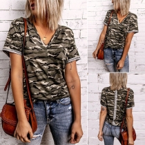 Fashion Short Sleeve V-neck Camouflage Printed T-shirt