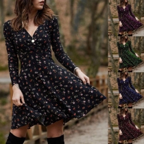 Fresh Style Long Sleeve V-neck High Waist Printed Dress