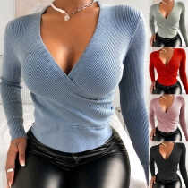 Sexig V-ringad enfärgad långärmad Stickad Topp, Slim Fit