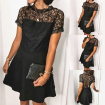 Sexy Backless Lace Spliced Short Sleeve Round Neck A-line Dress