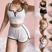 Sexig U-ringad Crop Top med Kontrastfärg + Tvådelade Shorts