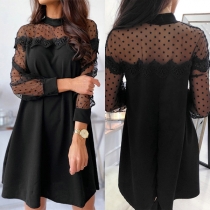 Sexy See-through Gauze Spliced Long Sleeve Round Neck Dress