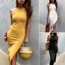Sexy Slit Hem Sleeveless Round Neck Solid Color Tight Dress