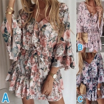 Sweet Style Trumpet Sleeve V-neck Ruffle Hem Printed Dress