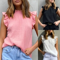 Fashion Solid Color Sleeveless Mock Neck Ruffle Top
