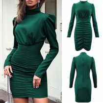 Fashion Solid Color Long Sleeve Mock Neck Slim Fit Dress