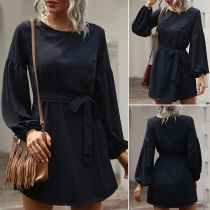 Fashion Solid Color Lantern Sleeve Round Neck Dress