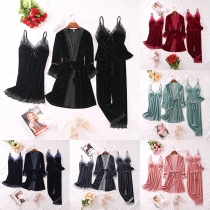 Sexy Lace Spliced Solid Color Nightwear Homewear Set