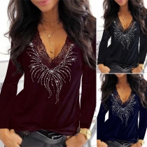 Sexy Rhinestone Lace Spliced V-neck Long Sleeve T-shirt