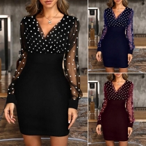 Sexy Dots Gauze Spliced Long Sleeve V-neck High Waist Slim Fit Dress