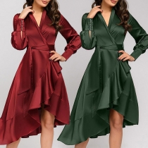 Sexy V-neck Long Sleeve Irregular Ruffle Hem Solid Color Party Dress