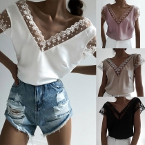 Sexy Backless V-neck Lace Spliced Short Sleeve Top