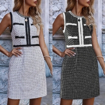 Fashion Sleeveless Round Neck High Waist Slim Fit Plaid Dress