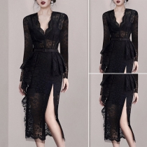 Sexy Deep V-neck Slit Hem Long Sleeve High Waist Lace Dress