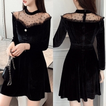 Sexy Gauze Spliced Long Sleeve Round Neck High Waist A-line Dress