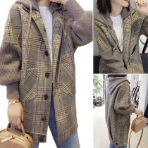 Fashion Knitted Spliced Lantern Sleeve Hooded Plaid Coat