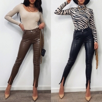 Fashion Middle-waist Slit Hem Slim Fit PU Leather Pants
