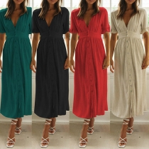 Sexy V-neck Short Sleeve High Waist Solid Color Dress