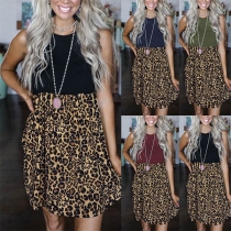 Fashion Leopard Spliced Hem Sleeveless Round Neck Dress